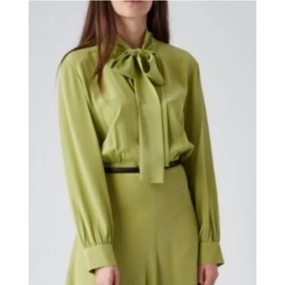 Gucci Uniform Collection Silk Bow Tie Neck Blouse Top Green Size 36
